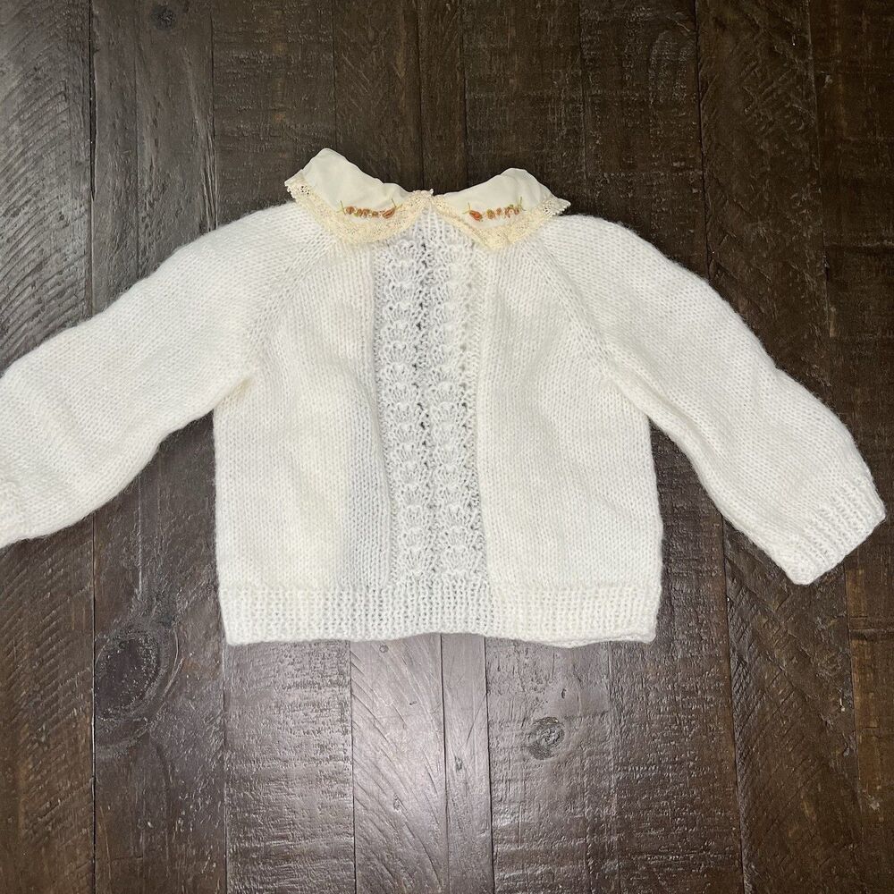 Vintage Cottagecore Baby Unbranded Cable Knit Cardigan NB Off white Lace Collar